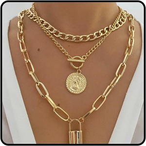 3-Piece Chunky Gold Layered Chain Set - Punk Style Paperclip & Coin Lock Necklace Collar - 1 of 4