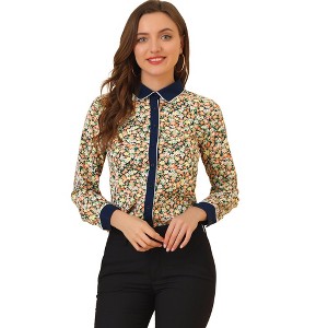 Allegra K Women's Point Collar Long Sleeve Floral Printed Button Down Shirt - 1 of 4