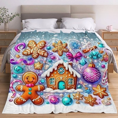 1pc Cozy Christmas Gingerbread Man Design Flannel Blanket, Soft Warm All-Season Polyester Throw for Bed, Travel, Camping, Office, Sofa.