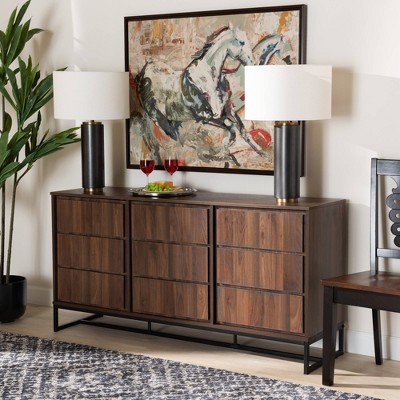 Neil Walnut Brown and Black Metal 3-Door Dining Sideboard