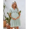 Coolmee Women Summer Maternity Dress Floral Print V Neck Pleated Hem Flutter Sleeve Ruffle A Line Flowy MIdi Dress with Belt - 2 of 4