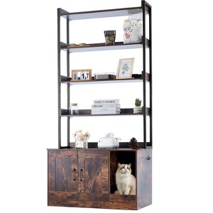 VEVOR Cat Litter Box Enclosure, Hidden Litter Box Furniture with 4 Storage Shelves, Wooden Cat Washroom Indoor, 33.5"L x 19.3"W x 72.3"H, Dark Brown - 1 of 4