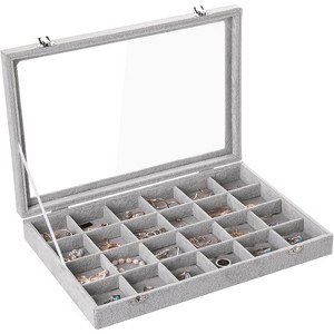 35-Grid Velvet Jewelry Tray with Clear Lid, Drawer Insert Organizer for Earrings & Rings, 13.8x9.5x2 Inches - 1 of 4