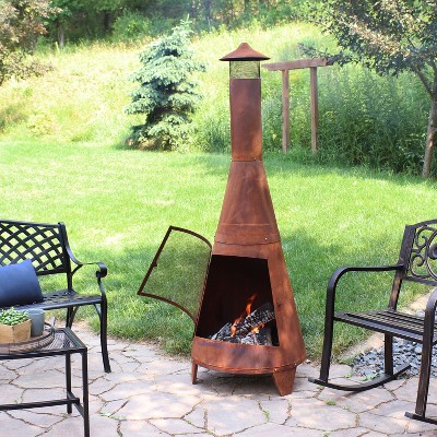 Rustic 70-Inch Brown Steel Wood-Burning Chiminea with Mesh Screen