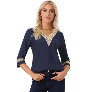 Allegra K Women's V Neck Contrast Color Lace Trim Boho Top - 1 of 4