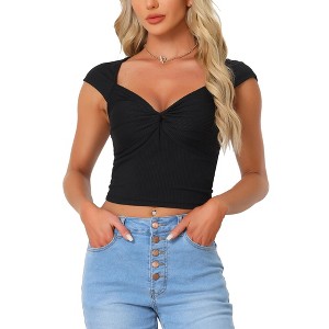 Allegra K Women's Sweetheart Neck Cap Sleeve Ribbed Knit Twist Knot Shirt - 1 of 4