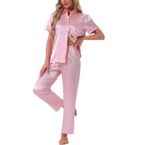 INSPIRE CHIC Womens Satin  Loungewear Silky Button Down Short Sleeve Lapel Collar Pajama Sets - 1 of 4
