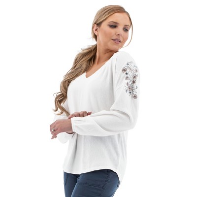 Aventura Clothing Women's Nyla Embroidered Long Sleeve Split Neck Blouse