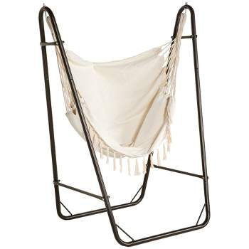 Outsunny U Shape Stand Hammock Chair, A Side Pocket Include Hammock Swing, Brown & Cream