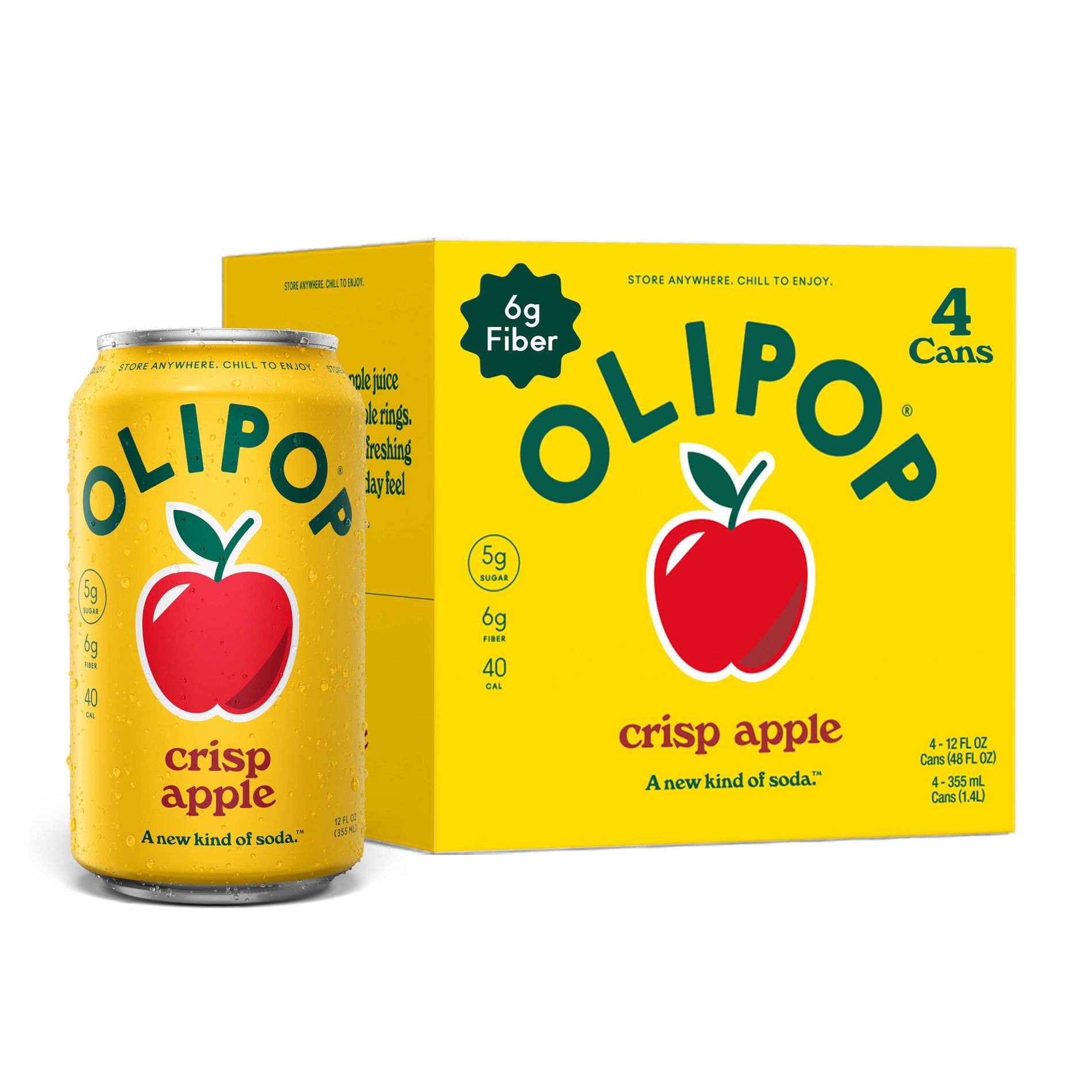OLIPOP 6g Fiber Prebiotic Soda, Crisp Apple - 4pk/ 12 fl oz Cans