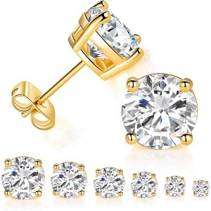6 Pairs 14K Gold Plated Stud Earrings: Round Cut Clear Cubic Zirconia Set - 1 of 4