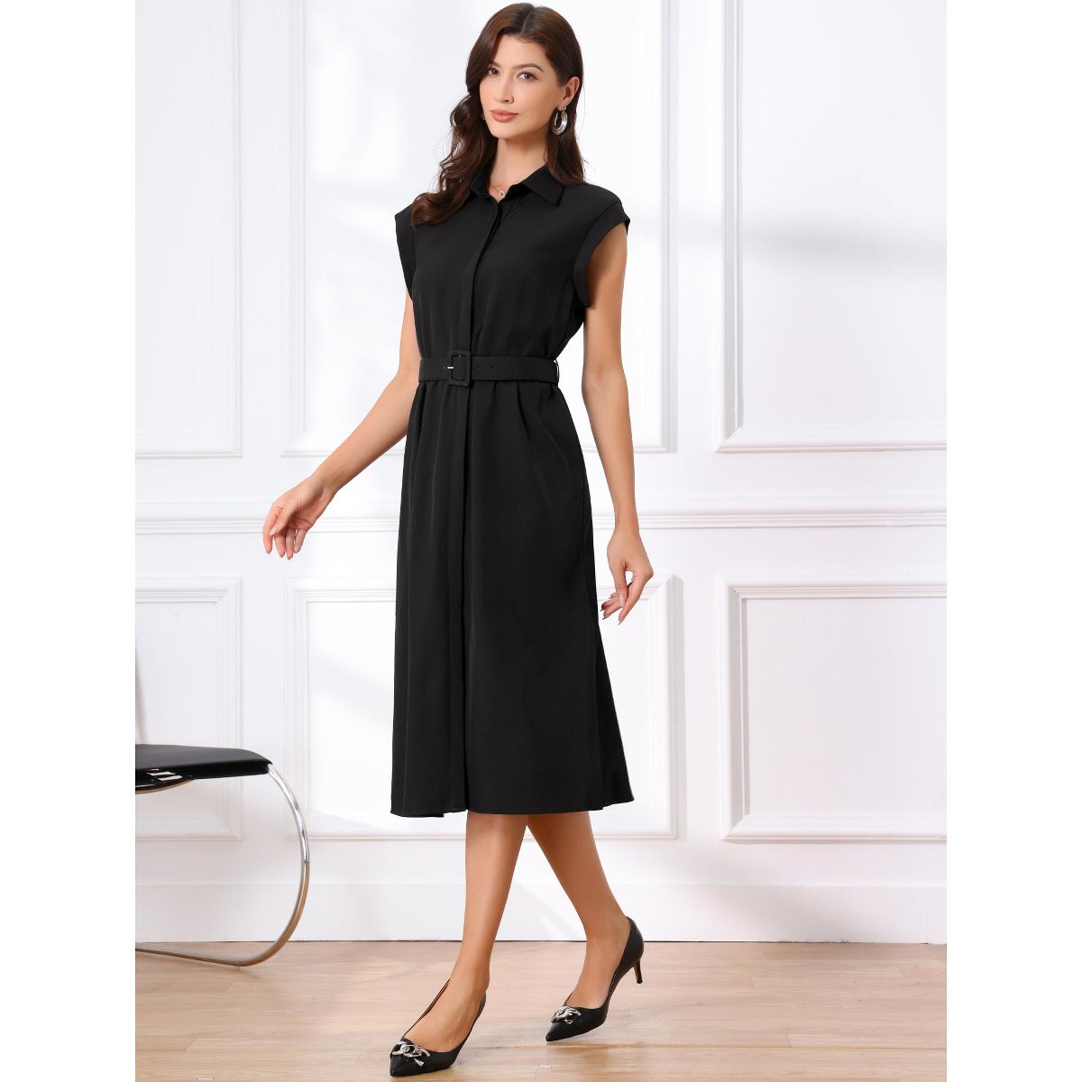 Женские платья INSPIRE CHIC Women's Sleeveless Collared Button Down Belted Waist Midi Work Dress Medium Black — фото 4