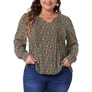 Agnes Orinda Women's Plus Size Floral Print Pleated Notch V Neck Long Sleeve Casual Blouses - 1 of 4