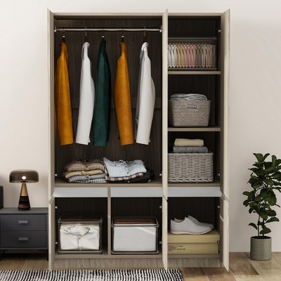 TIRAMISUBEST 3 Door Wooden Storage Wardrobe for Dedroom with Shelves and 2 Drawers - Mobile Lateral Filing Cabinet, Locking Wheels, Adjustab