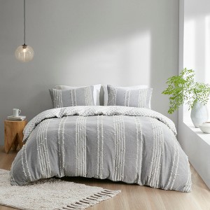 3Pcs Jacquard Cotton Duver Cover Set, Stripe Design Boho Style Bedding, Oeko-Tex Certified Bed Set with Matching Shams - 1 of 4