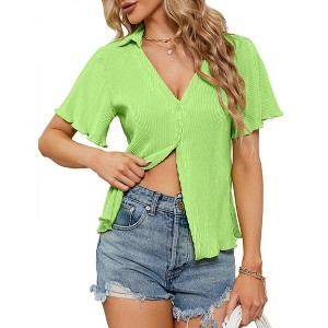 Women's Corduroy Short Sleeve Tops Deep V Neck Shirt Button Front Blouse Short Sleeve Tops Ruffle Blouse for Summer 2024 - 1 of 4
