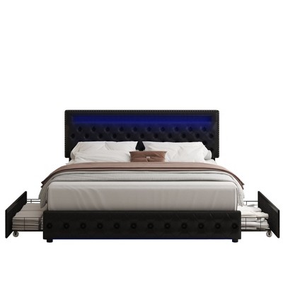 CAVINAS Full/Queen/King Size Modern Platform Bed Frame with LED on Headboard & 4 Storage Drawers,No Box Spring Needed