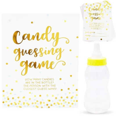 Sparkle and Bash 38-Pack Candy Bottle Guessing Game with Baby Bottle Bank for Baby Showers and Parties, Polka Dot Confetti Designs, Gold
