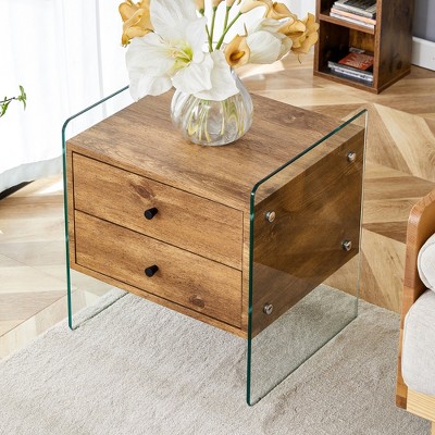 Dolonm Bedside Table with Drawer, White MDF Top & Tempered Glass Sides, Nightstand with Storage