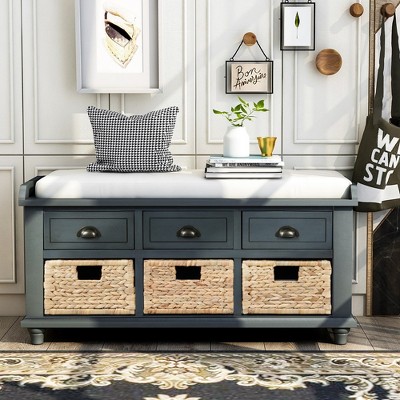 Rustic Wooden Storage Bench with Drawers and Rattan Baskets - Removable Cushion for Living Room, Bedroom, Hallway
