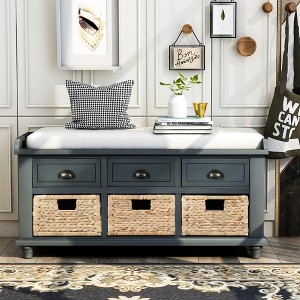 Rustic Wooden Storage Bench with Drawers and Rattan Baskets - Removable Cushion for Living Room, Bedroom, Hallway - 1 of 4