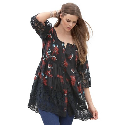 Roaman's Women's Plus Size Illusion Lace Big Shirt
