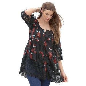 Roaman's Women's Plus Size Illusion Lace Big Shirt - 1 of 4