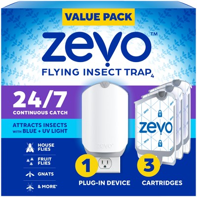 Zevo Flying Insect Indoor Light Fly Trap Starter Kit, Catches House Flies, Fruit Flies, Gnats and More - 1 Trap + 3 Refills
