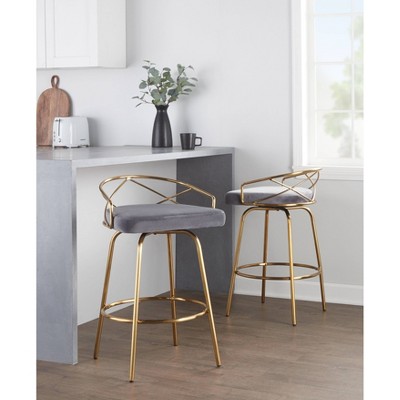 Charlotte 26" Gray Velvet and Gold Metal Swivel Counter Stools, Set of 2