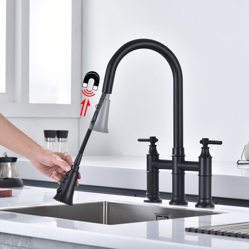 SUMERAIN Bridge Kitchen Faucet with Pull Down Sprayer Matte Black 3 Hole 2 Handle, Stainless Steel, 5 of 11