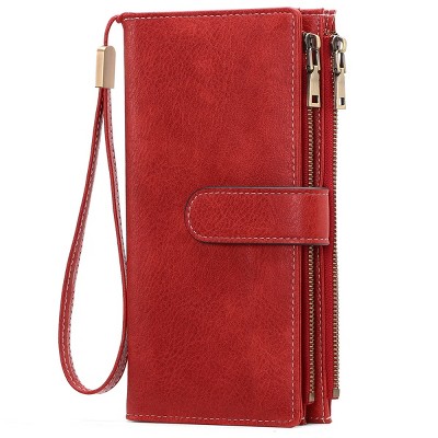 BEAFUP Womens Wallets,Large Capacity Credit Card Holder RFID,Wallet Women Double Zipper Pocket Leather Bifold Ladies Wristlet Clutch Wallet,Red