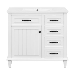Gulches 36 in 18 in Undermount Rectangular Bathroom Sink in White Poplar Rubberwood MDF Ceramic with 4 Drawers Adjustable Shelf Zinc Alloy Handles - 1 of 4