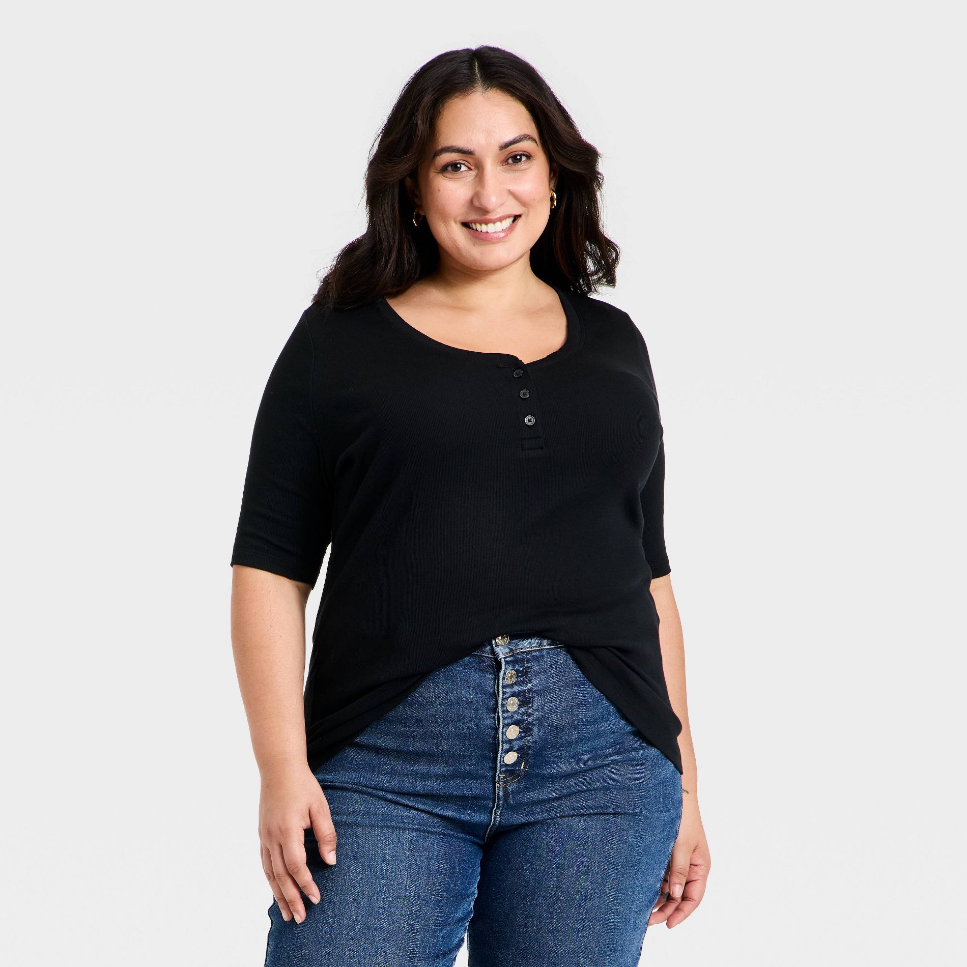 Women's Slim Fit Elbow Sleeve Button-Front Ribbed Henley Top - Ava & Viv™