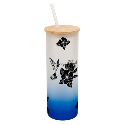 Elanze Designs Hummingbird Summer Flower Garden Wrap-Around Design 25 Ounce Frosted Gradient Glass On-The-Go Coffee Travel Skinny Tumbler Mug Cup,