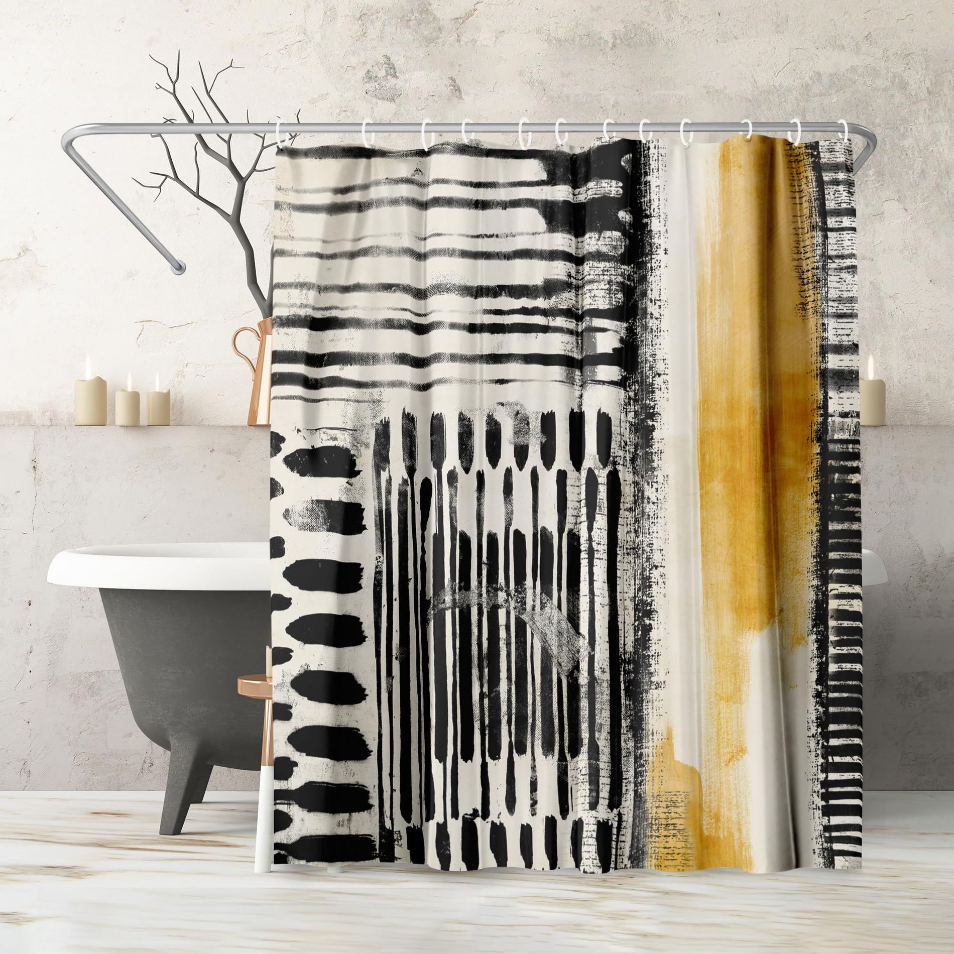 Americanflat 71x74 Abstract Shower Curtain - Durable Metal Grommets and 12 Hooks - 100% Polyester - Black, Ivory, and Ochre Yellow