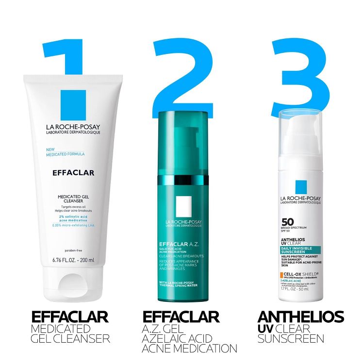 Three skincare products labeled 1, 2, and 3, including Effaclar Medicated Gel Cleanser, Effaclar A.Z. Gel Azelaic Acid Acne Medication, and Anthelios UV Clear Sunscreen with SPF 50.