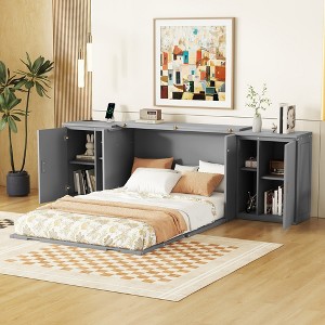 Queen Size Murphy Bed with Shelves, Cabinets and USB Ports, White/Gray, 4A -ModernLuxe - 1 of 4