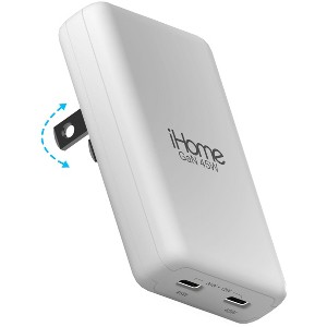 iHome 45W Ultra Slim Wall Charger, Dual USB-C Ports, GaN Technology, Folding Prongs, Travel Friendly, ETL Certified, White - 1 of 4