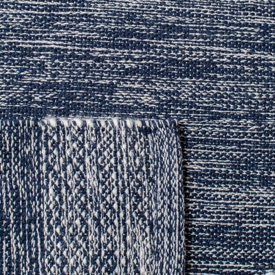 Ivory and Navy Striped Kilim 7' Square Wool-Cotton Rug