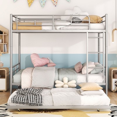 NicBex Full over Full Bunk Bed Convertible Metal Frame Triple Bed Frame with Scroll Wheels, Guardrails and Ladder, No Box Spring Required