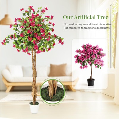 5FT Artificial Bougainvillea Tree, Tall Potted Fake Bougainvillea Trees, Faux Tree with Wood Trunk and Pink Flowers for Outdoor Indoor