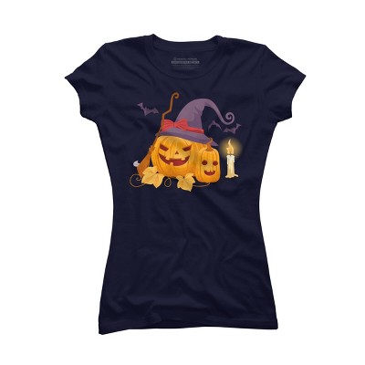Junior's Design By Humans Halloween Witch Pumpkins With Bats By VectorVillain T-Shirt