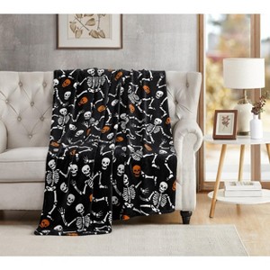 Kate Aurora Ultra Soft & Plush Oversized Orange & Black Halloween Spooky Skeletons Accent Throw Blanket - 50 In. W X 70 In. L - 1 of 3