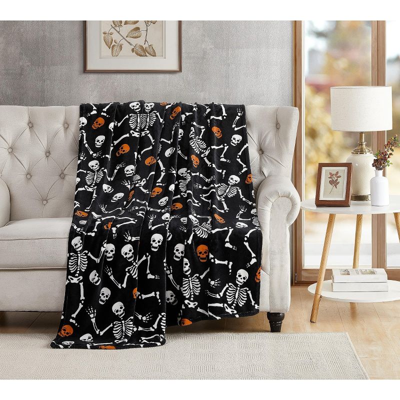 Kate Aurora Ultra Soft & Plush Oversized Orange & Black Halloween Spooky Skeletons Accent Throw Blanket - 50 In. W X 70 In. L, 1 of 4