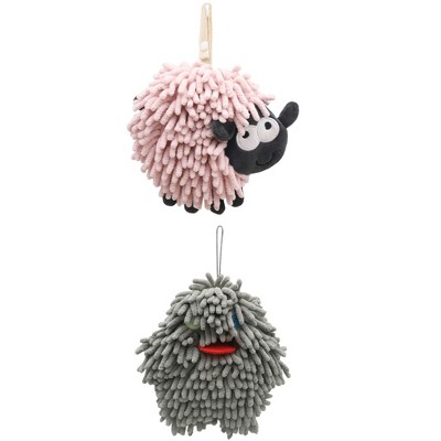 REGALWOVEN 2 Packs Cute Sheep Shape Absorbent Fast Drying Chenille Hand Towels with Hanging Loop 7" x 7"