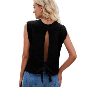 Womens Summer Sweater Vest Top Casual Crop Knit Cardigan Vest Bow Tie Back Knitted Sleeveless Round Neck Tank Tops - 1 of 4