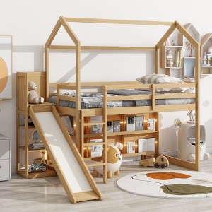 Whisen Twin Size Wood House Loft bed with Slide, Storage shelves and Light - 1 of 4