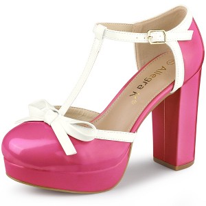 Allegra K Women's Platform Bow T-Strap Chunky Heels Pumps - 1 of 4