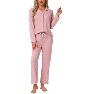 cheibear Women's Chest Pocket Long Sleeve Button Down Top with Pants Pajama Sets - 1 of 4