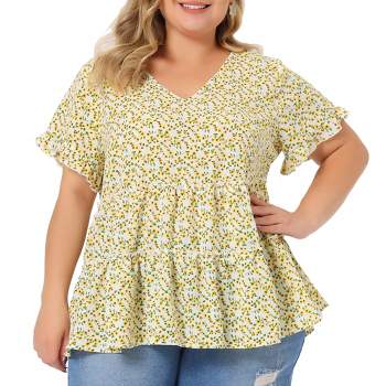 Agnes Orinda Women's Plus Size Peasant Ditsy Floral V Neck Ruffle Tiered Pleated Babydoll Blouses